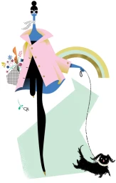 Stylised digital illustration of a tall blue-skinned woman in a pink coat walking a small black dog by Kirsten Ulve