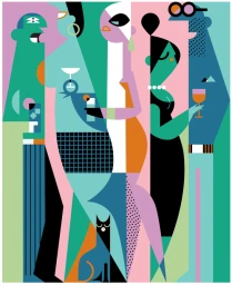 Vector illustration by Kirsten Ulve of five stylized figures and a cat holding drinks in geometric shapes and pastel colours.