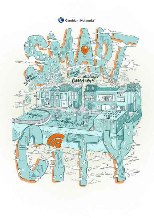 Illustration of a smart city concept featuring buildings, connectivity symbols, and the text "SMART CITY" in a stylized font.