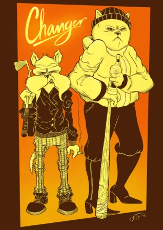 Illustration features anthropomorphic dog and cat figures; the dog holds golf club, the cat holds a baseball bat and a bottle.
