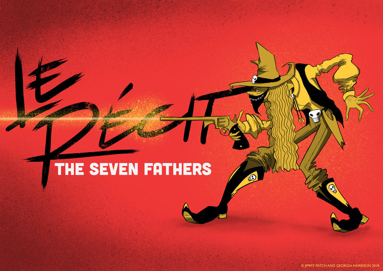 Illustrated cartoon character in western attire holding a pistol, with typography art against a red background.