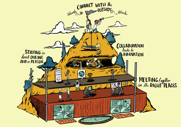 Stylized illustration shows people collaborating in outdoor and indoor settings. Conceptual image of networking, innovation, and staying connected.
