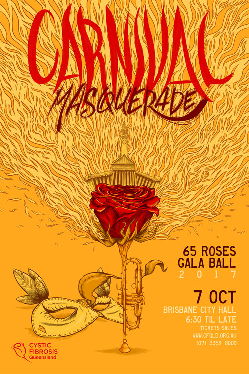 Carnival Masquerade Gala Ball poster with red rose, theatre mask, and musical instrument illustration against a golden-yellow background.