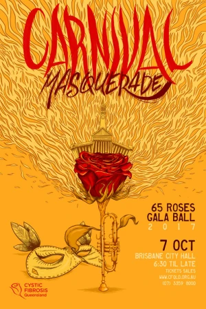 Carnival Masquerade Gala Ball poster with red rose, theatre mask, and musical instrument illustration against a golden-yellow background.