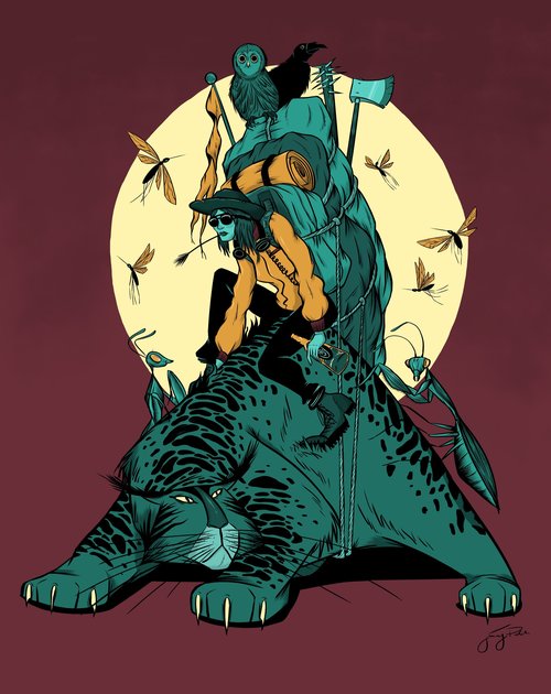 Illustration of a figure with a backpack riding on a jaguar, surrounded by insects, against a reddish-brown background and pale yellow moon.
