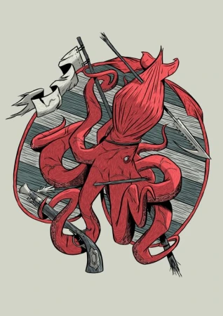Digital illustration of a red octopus with weaponry, set against a striped shield and a white banner, in a cartoon style.