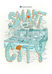 Illustrated poster by Jimmy Patch featuring the words Smart City integrated with miniature buildings and infrastructure icons.