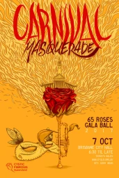 Illustrated poster featuring a red rose atop a trumpet, a golden masquerade mask, and fiery typography against a yellow background.