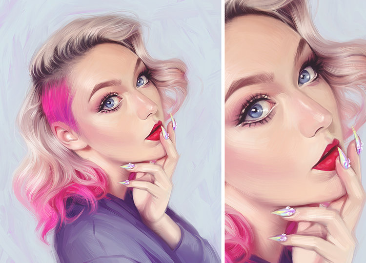 Digital art portrait of a stylish fair-skinned woman with pink highlights, red lipstick, and artistic nails, showcasing makeup and beauty.