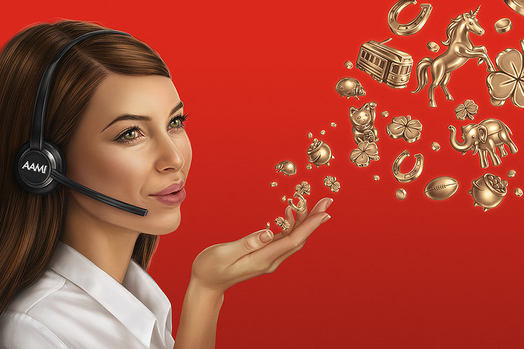 Illustration of a smiling woman wearing a headset surrounded by floating, golden-colored charms against a vibrant red background.