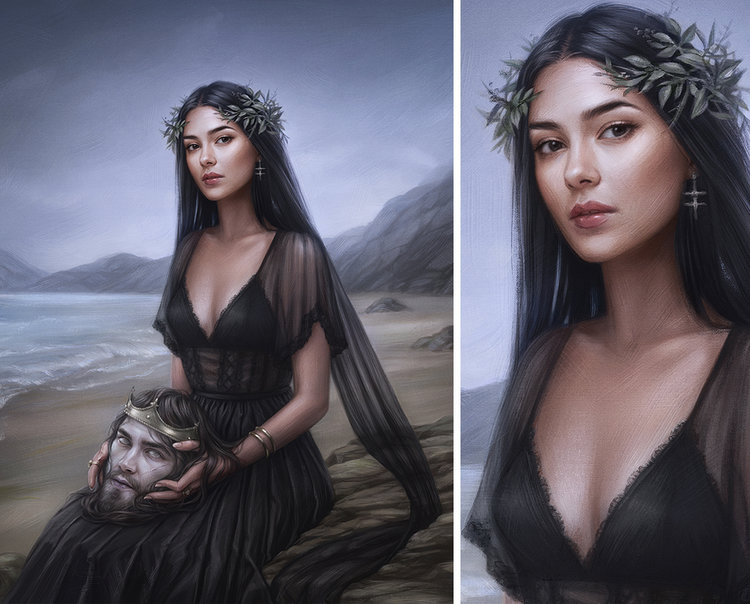 Woman with long dark hair and wreath sitting on a beach holding a severed head with crown in a digital painting.