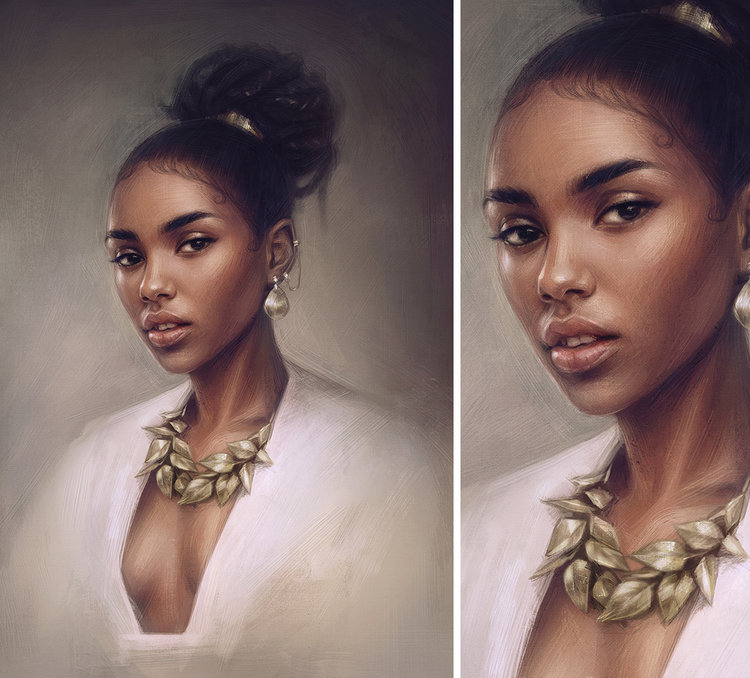 Portrait of a dark-skinned woman with a high bun, wearing a white top and statement gold necklace. It is a digital painting.