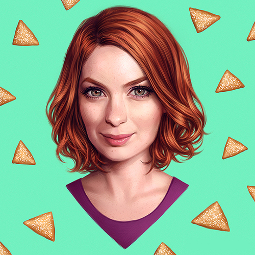 Illustration of a woman with red hair and a purple shirt against a teal background with triangle shaped crackers floating around her.