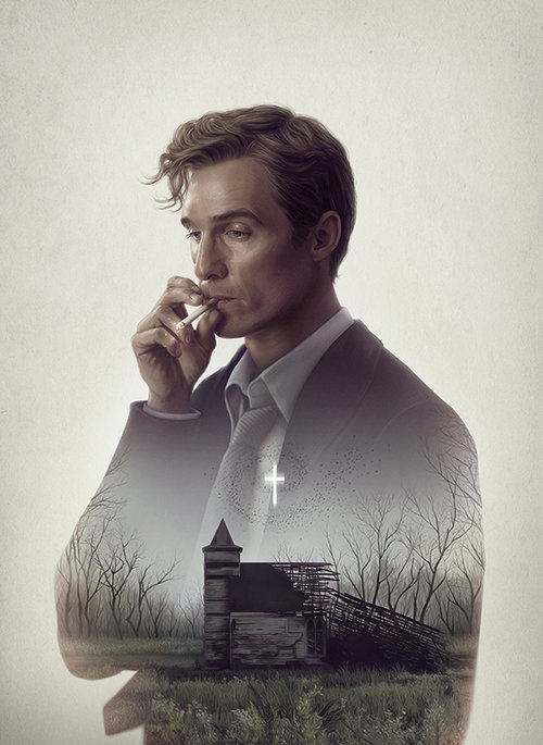 Illustration of a man smoking a cigarette wearing a suit, with a faded church and trees in the background, against a light background.