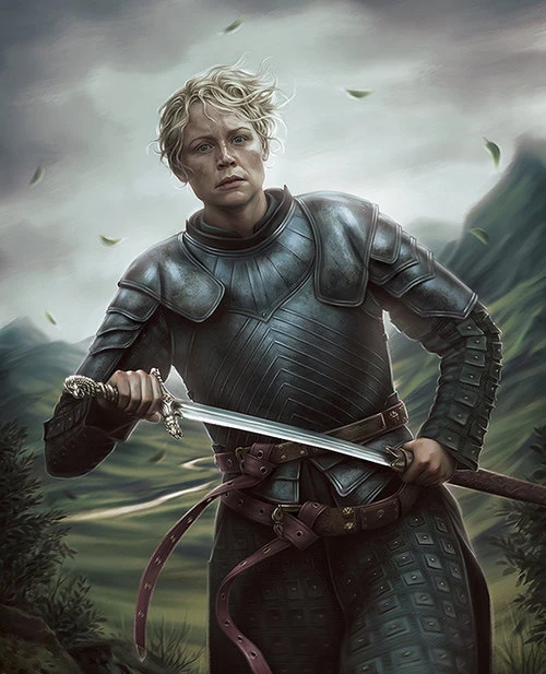 Digital illustration of a determined blonde warrior in dark plate armor drawing a sword in a grassy landscape with flying leaves