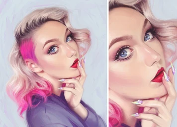 Digital illustration of a blonde woman with pink streaks in her hair wearing red lipstick and long stiletto nails by Tara Phillips.