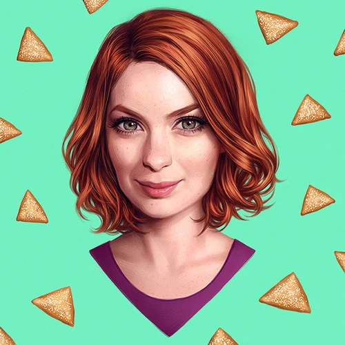 Illustration of a red-haired woman with freckles and a purple top against a teal background with floating triangular chips