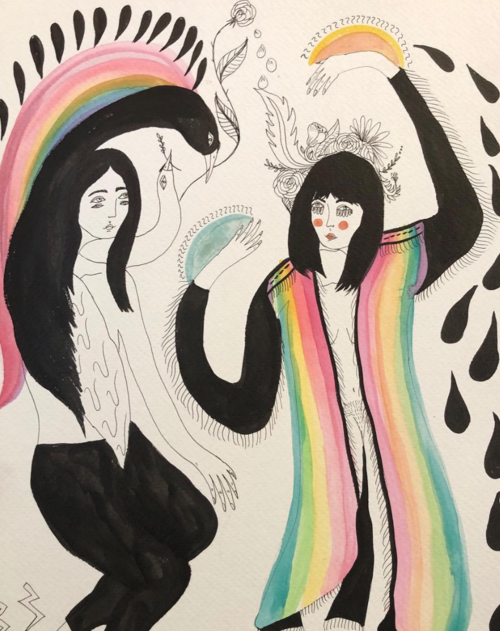 Unique watercolor illustration featuring two women, rainbow colors, black ink lines, and abstract shapes on a white backdrop.