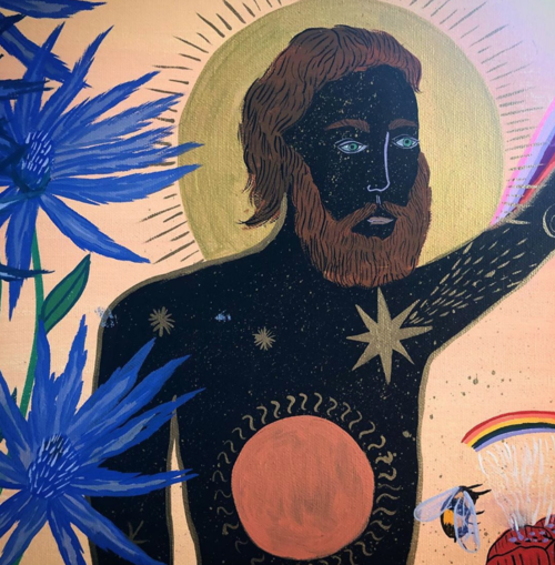 Illustration of a person with a beard, surrounded by stars and floral elements, in a surreal and cosmic art style on a peach backdrop.