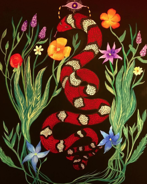 Detailed painting of a red snake with white pattern, surrounded by flowers and greenery on a dark background, topped with an eye icon.