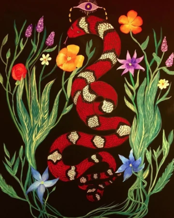 Detailed painting of a red snake with white pattern, surrounded by flowers and greenery on a dark background, topped with an eye icon.