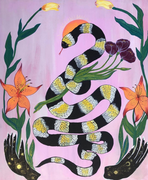 Artistic depiction of a black and white snake intertwined with flowers and framed by botanical elements, set against a pink background.