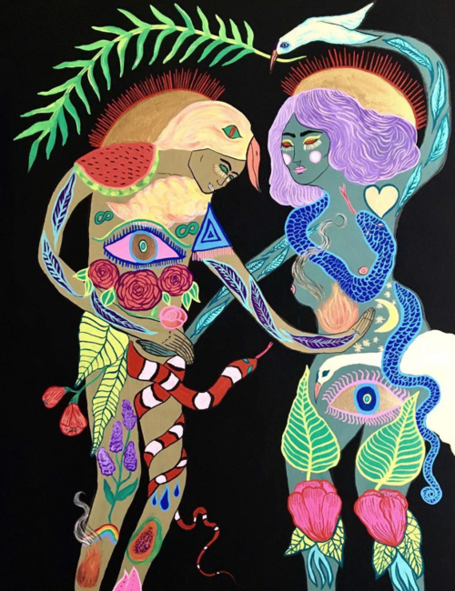 Stylized art illustration of two figures entwined with snakes and botanical elements in a colorful surreal composition on a black background.