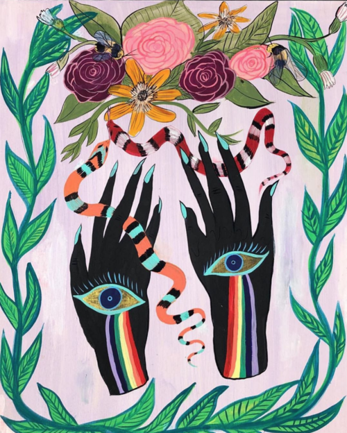 Illustration of two black hands with eyes and rainbow tears holding snakes, flowers, and bees, creating a mystical and colorful image.