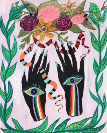 Illustration of two black hands with eyes and rainbow tears holding snakes, flowers, and bees, creating a mystical and colorful image.