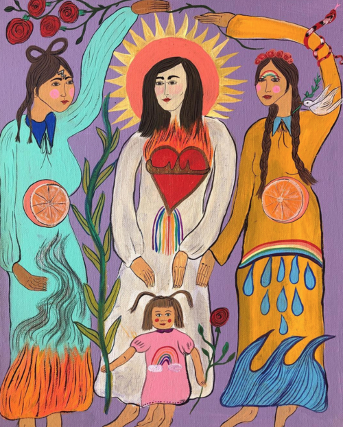 Artwork of three women and a child in dresses against a purple background, plants and roses visible. The central figure has a halo.