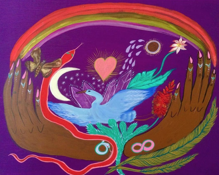 Colorful visionary art illustration featuring hands, a bird, a snake, and celestial elements against a purple background, framed by a rainbow.