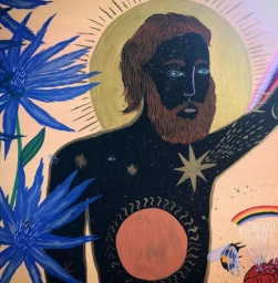 Painted illustration of a bearded man with a starry night skin texture and glowing halo by Meagan Boyd.