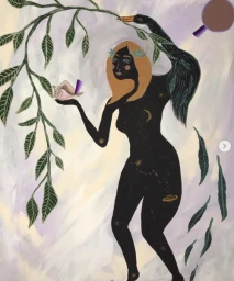 Illustrated celestial figure with a star-patterned black body holding a seashell, by illustrator Meagan Boyd