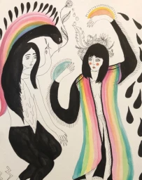 Illustration by Meagan Boyd featuring two stylized figures with rainbow elements and black ink outlines against paper