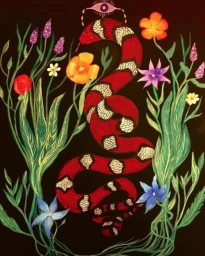 An illustrated red and black snake entwined amongst colourful flowers and green leaves against a dark background.