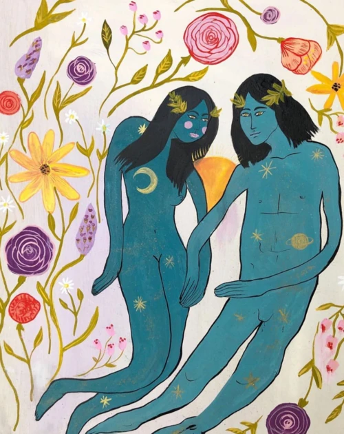 Illustration by Meagan Boyd featuring two blue figures surrounded by colorful flowers