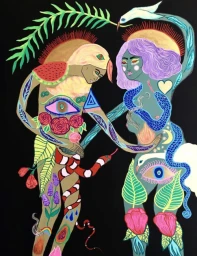 Colorful surreal illustration by Meagan Boyd of two stylized figures with botanical and symbolic motifs on a solid black background.