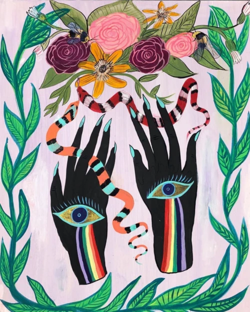 Illustration of two black hands with rainbow tear tracks and eyes on palms, framed by flowers, leaves, bees, and a small snake.