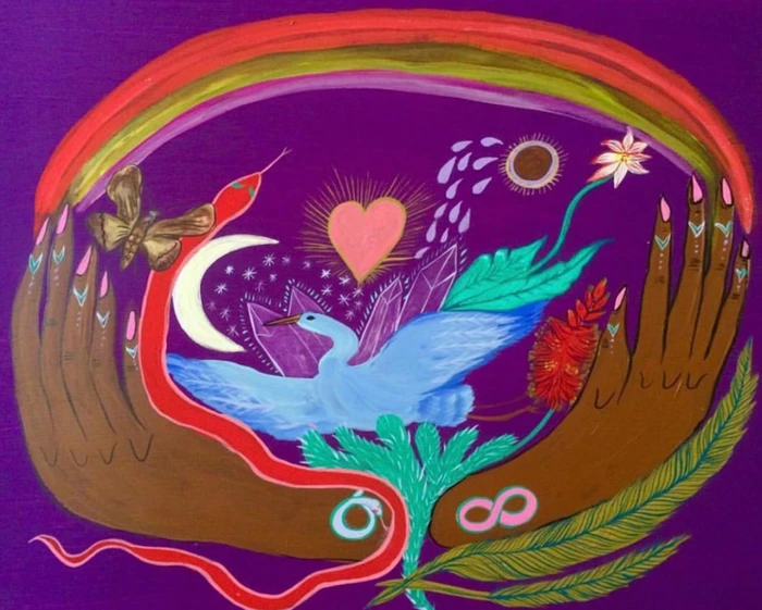 Surreal colourful illustration by Meagan Boyd featuring two hands framing a blue heron, snake, crescent moon, heart, and rainbow.