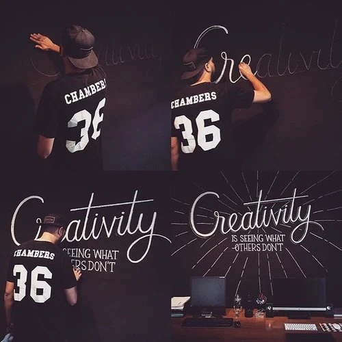Four panel composite showing an illustrator drawing the word Creativity in white chalk on a black wall in Sydney.