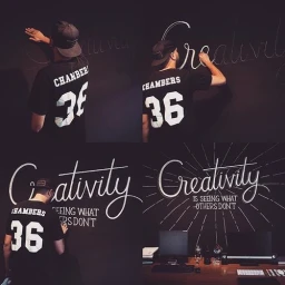Four panel composite showing an illustrator drawing the word Creativity in white chalk on a black wall in Sydney.