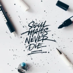Top-down overhead view of hand-lettered calligraphy reading Soul Mates Never Die surrounded by ink pens and splashes on white paper.