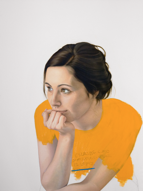 Painting of a young brunette woman in a yellow shirt with her hand to her face against a white background, gazing left.