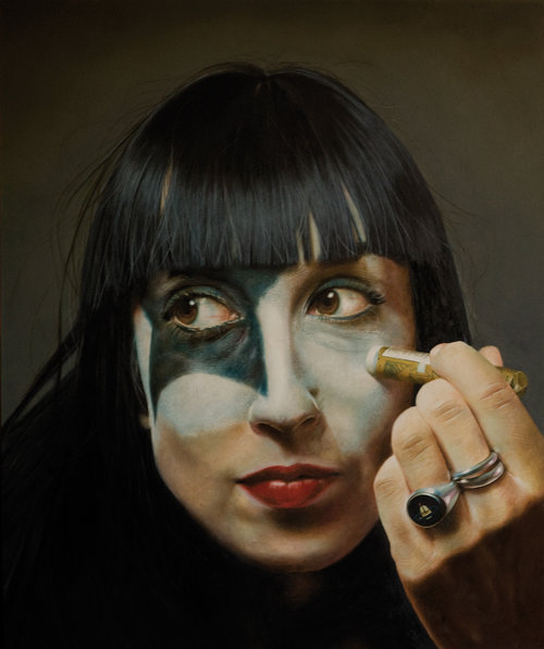 Oil painting portrait of a woman applying white makeup with black hair, wearing rings, and looking off to the left.