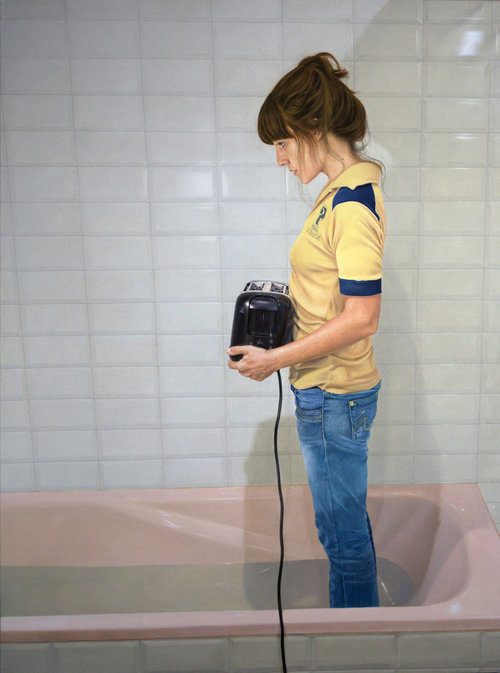 Painting of a woman in jeans and a yellow shirt standing in a pink bathtub filled with water while holding a black electrical device.