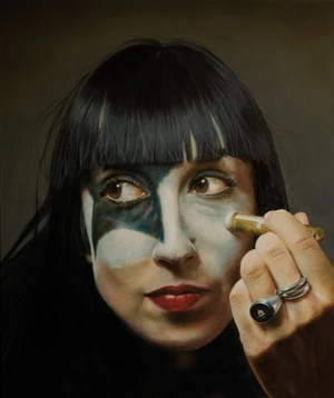 Close-up portrait illustration of a woman applying white face paint and black eye makeup, wearing silver rings on her fingers.