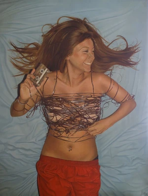 Illustration of smiling woman lying down holding a cassette tape wrapped in tangled magnetic tape