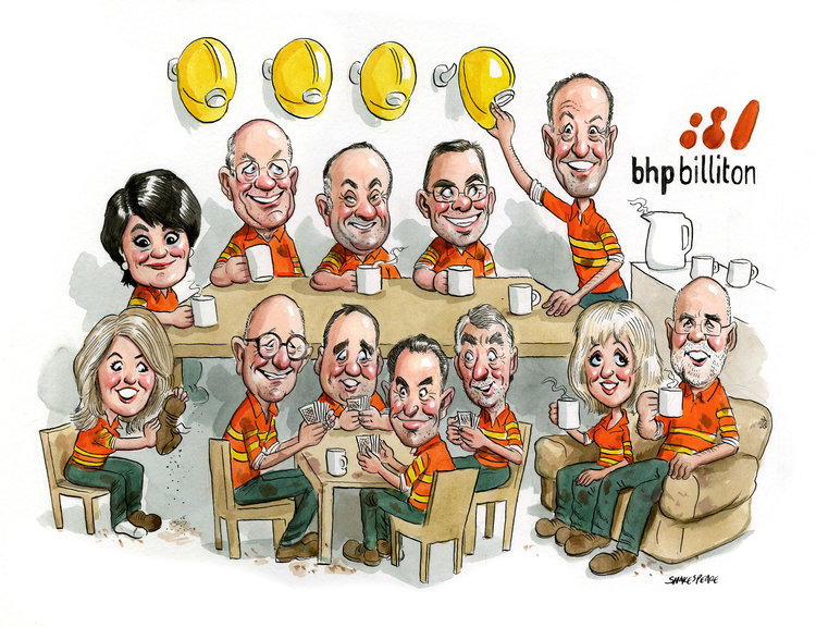Illustration of eleven adults in orange shirts, seated at tables with mugs, hard hats nearby, and the BHP Billiton logo.