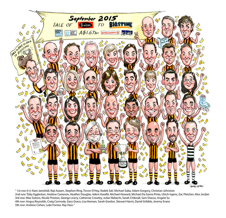 Illustration of thirty-five cartoon people in black and gold sports jerseys celebrating around falling confetti and a large banner.
