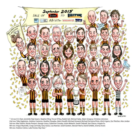 Illustration of thirty-five cartoon people in black and gold sports jerseys celebrating around falling confetti and a large banner.